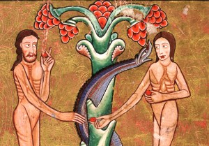 Adão e Eva Iluminura, Manuscrito Hunterian 209, séc. XII Universidade de Glascow, Escócia.