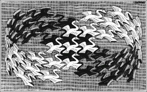Escher, anel de moebius com pássaros