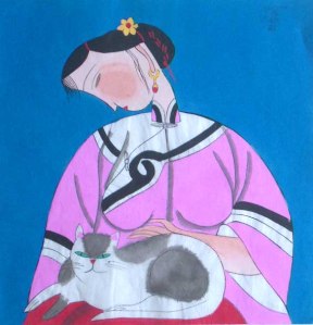 Mulher com gato no colo, da pintora Feng Ying, na exposição.