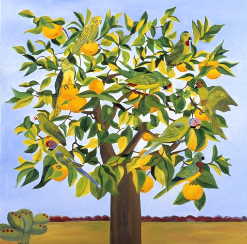 9 Papagaios numa laranjeira, s/d, Lucy Autrey Wilson, óleo sobre tela, 1 x 1 m