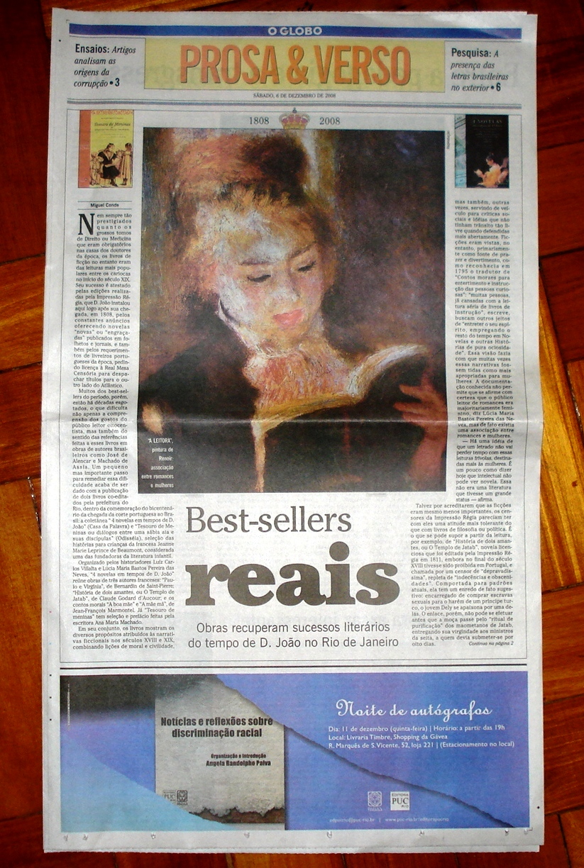 Primeira página do Caderno Prosa e Verso, O GLOBO, 6/12/2008