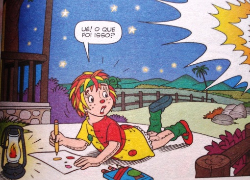 Emília desenhando à noite, da revista em quadrinhos O Sítio do Picapau Amarelo.