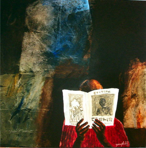 Yusuf Arakkal (Índia, 1945) Paper reading, óleo sobre tela,120 cm x 120 cm