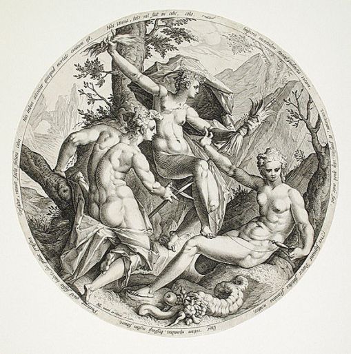 As Parcas, 1587, Jocob Matham, (Holanda,  1571-1631)Gravura em metal, Museu de Arte do Condado de Los Angeles, EUA