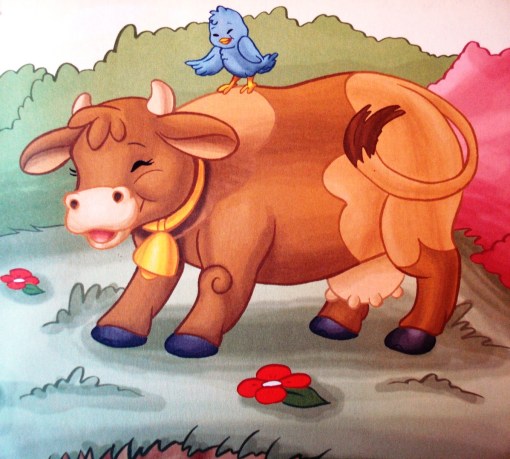 vacaquinha feliz, vaca malhada, passarinho, sino