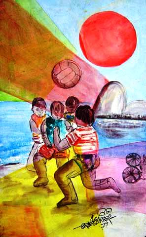 Benê Olivier (Brasil 1944) Jogando Futebol, 1977, osleo sobre placa, 36x22 cm