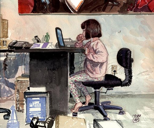 Andrew Paquette (EUA), Nina na minha secretária, 2000, aquarela, 10x14nchs