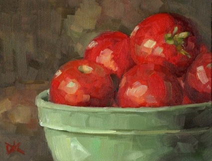 Deb Kirkeeide, (EUA, contemporanea) Natureza morta com tomates, 2008, ost,15.2 cm X 20.3 cm,wwwdailypainters.com