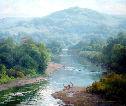 ALEXANDRE REIDER - Animais em beira de rio, Óleo sobre tela