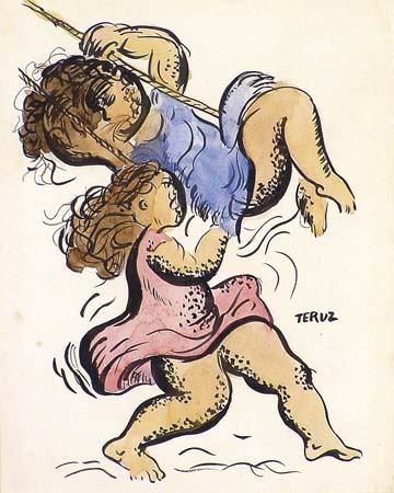 Orlando Teruz - Duas Meninas no Balanço -- aquarela - 30x24 cm