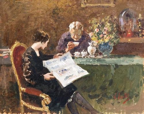 Vincenzo Irolli (1860-1949) La lettura del giornale, ost, 30 x 38cm