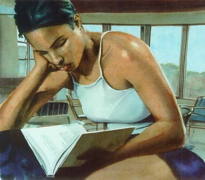 Milé Murtanovski (Canada, 1979) Aisha reading Joseph Campbell,2000, aquarela, 57 x 57 cm