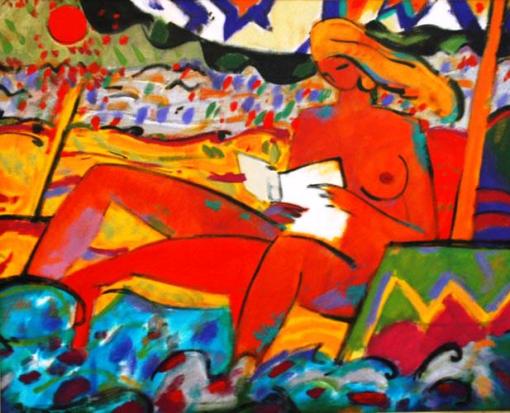 Anoro, Manuel, (Espanha, 1943)  Mulher na Praia, 1992, oleo e acrílica s. tela, 79 x 99 cm