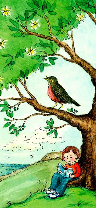 sozinho, lendo, árvore, passarinho, primavera, claire louise Milne