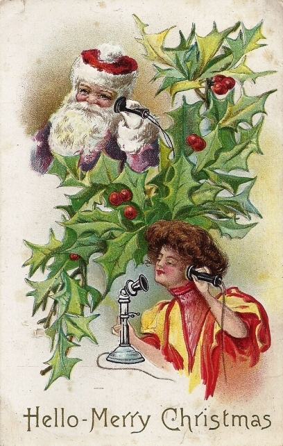 telefone antigo cartão postal com jovem, azevinho e papai noel , 1912