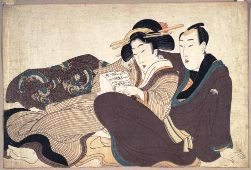 Kikugawa Eizan (1787-1867), Reclining couple reading a love letter, ca. 1804-1818. Color woodblock print, Princeton EDU