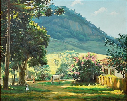 EDGAR WALTER (1917-1994)Paisagem com casa de fazenda e animais no interior de Minas,ost,65 X 82. Assinado e datado (1969)