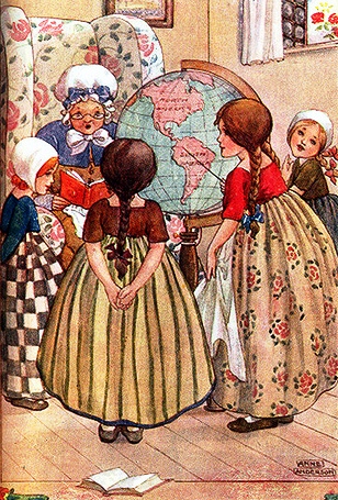 vovó ensina geografia,meninas, netas, touca, livros, casa, anne anderson