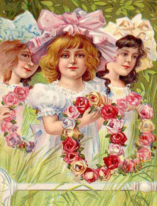 rosas, dias das rosas, coroa de flores, meninas, 1890, cartão postal