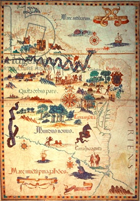 Add 5415A f.23v-24 Atlas by Diego Homem of South America, showing Indians in their settlements, Spanish Expeditionary Force Camp and Men in Armour, c.1558