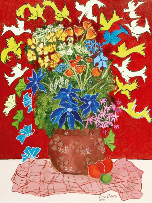 Luiz Chaves, Flores e pássaros, ast, 80 x 60 cm