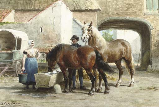 tending the horses at a courtyard