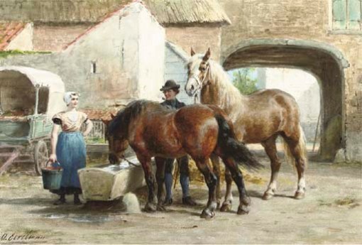 tending the horses at a courtyard