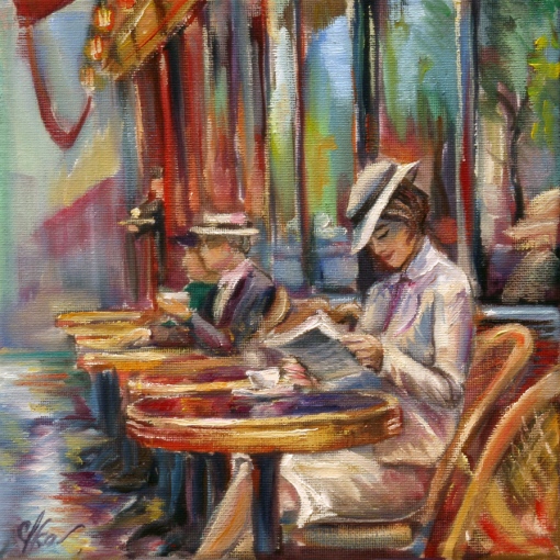 Olga Lysenko, reading-in-outdoor-cafe, ost, 20x20cm