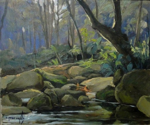 EDY GOMES CAROLLO (1924-2000)Interior de floresta com riacho,osm, 22 x 26