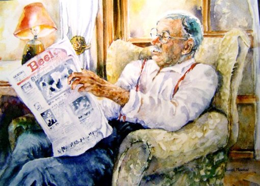 Suset Maakal, man-reading-the-newspaper, watercolorjpg