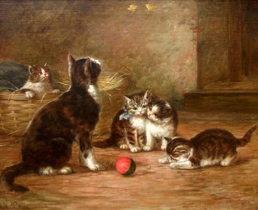 August Laux(eua, 1847-1921)Kittens with Ball and Butterflies, ost,45 x 55 cm