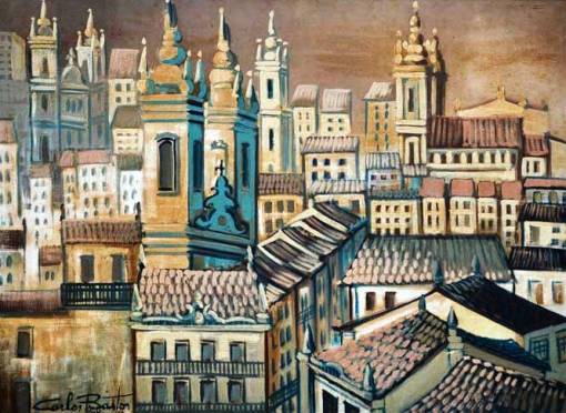 CARLOS BASTOS (1925 - 2004) - Casario e Igrejas no Centro Histórico em Salvador-Bahia, óleo stela, 73 x 1,00.