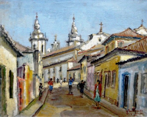 JOSE MARIA DE ALMEIDA - 1906-1995 - R. Santo Antonio - São João Del Rei, o.s.t. - 33 x 41 - Assinado e datado 1962 cid e verso.