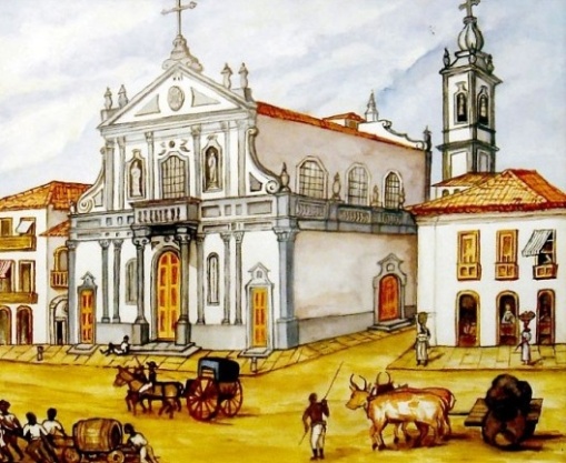 Vista da Igreja de Santa Cruz dos Militares, Rio de Janeiro RJ. Aquarela de Richard Bates, século 19