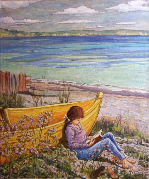 Denis Gringas, (França), Leitura na praia, óleo sobre tela, 75 x 90 cm