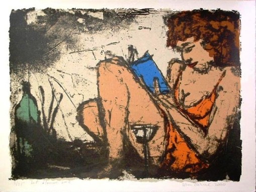 Wim Zurne, Com um livro azul, gravura, 50x65cm, 2000
