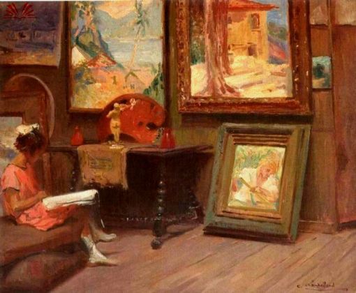 CHAMBERLLAND, Carlos, Leitura no Atelier, óleo s. tela, ass.inf.dir.(c.1935)45 x 54 cm