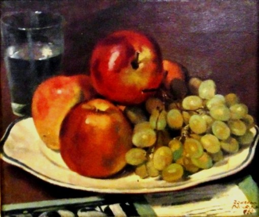 Armando Pacheco(1913-1965) Prato com maçãs e uvas, 1955, osm, 27x33