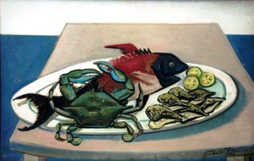 CARLOS BASTOS. Natureza-morta com frutos do mar, óleo sobre tela, 65 cm x 100 cm, a.c.i.d., datado (19)64.