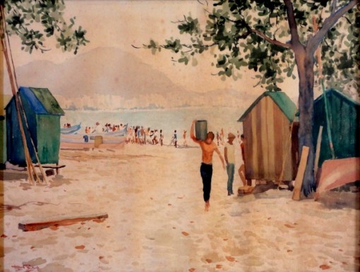 Diogenes Duarte Paes - Praia das Asturias - Guarujá - Aquarela - 39 x 54 cm - cerca déc. 40