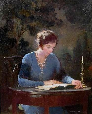 Edmund Charles Tarbell, (EUA 1862-1938), Mary lendo, 1933, ost, 31x27