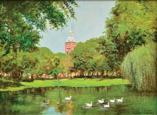 FERNANDO CORRÊA E CASTRO (1933). Patinhos no Lago do Campo de Santana, ao Fundo Torre do Corpo de Bombeiros, óleo s tela, 30 X 40