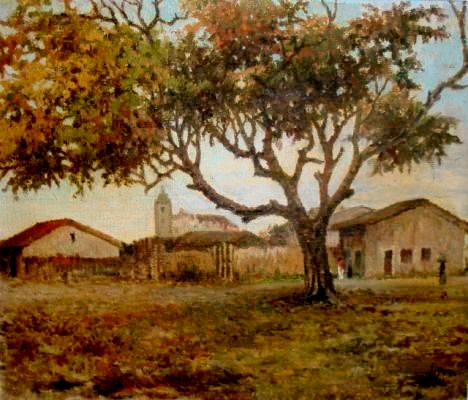 Jayme Hora, Paisagem de Itaparica com igreja ao fundo, 1946, ost, 46x55cm