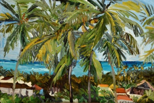 JOSÉ CLAUDIO (1932). Paisagem com Coqueiros e Casario,ost, 40 x 60. Assinado e datado (1984)