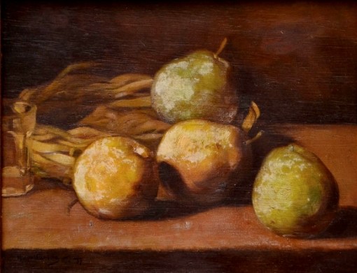 MANOEL CONSTANTINO (1899-1976) - Peras, Cesto e Copo sobre a Mesa, óleo s madeira, 29 x 36. Assinado e datado (1937)