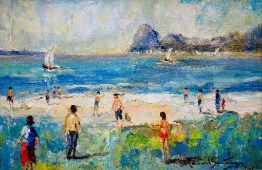 MANOEL SANTIAGO - (Brasil,1897 - 1987)Praia de Botafogo - óleo sobre madeira - 24 x 35 cm - 1966 - Rio de Janeiro