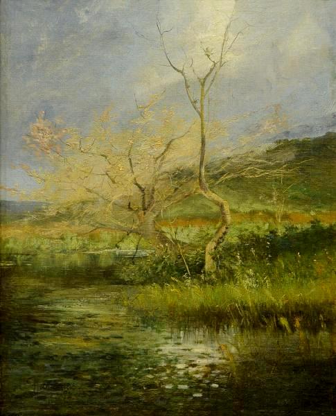 PARREIRAS, Antônio (1860 - 1937) Paisagem com lago, o.s.t. - 42 x 34 cm. Assinado e datado 1892