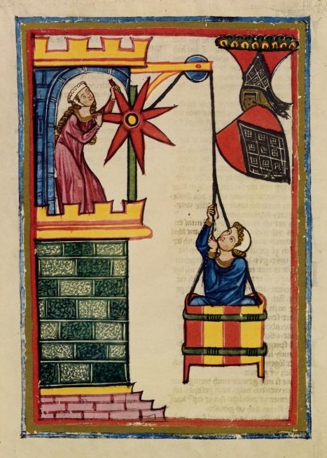 CodexManesse-1305-40-ManinBasket -- a medieval illumination from the Codex Manness, c. 1304- c 1340