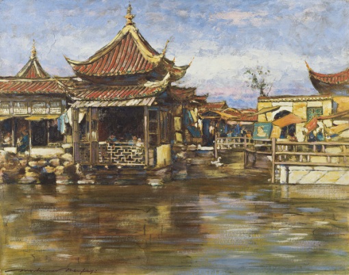 Mortimer L. Menpes (Austtrália, 1855-1938)A Tea House, Shanghai, circa 1909,Gouache,oil on board,32 x 40 cm
