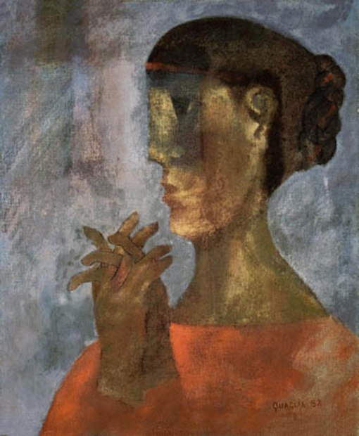 QUAGLIA, João,Mulher com Dedos Entrelaçados,óleo s tela, ass. e dat. 1982 inf. dir.46 x 38 cm